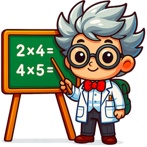 Le professeur Revizoo au tableau avec des multiplications
